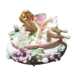 Vintage Montefiori Fairy And Flowers 7" Polyresin Trinket / Jewelry Box